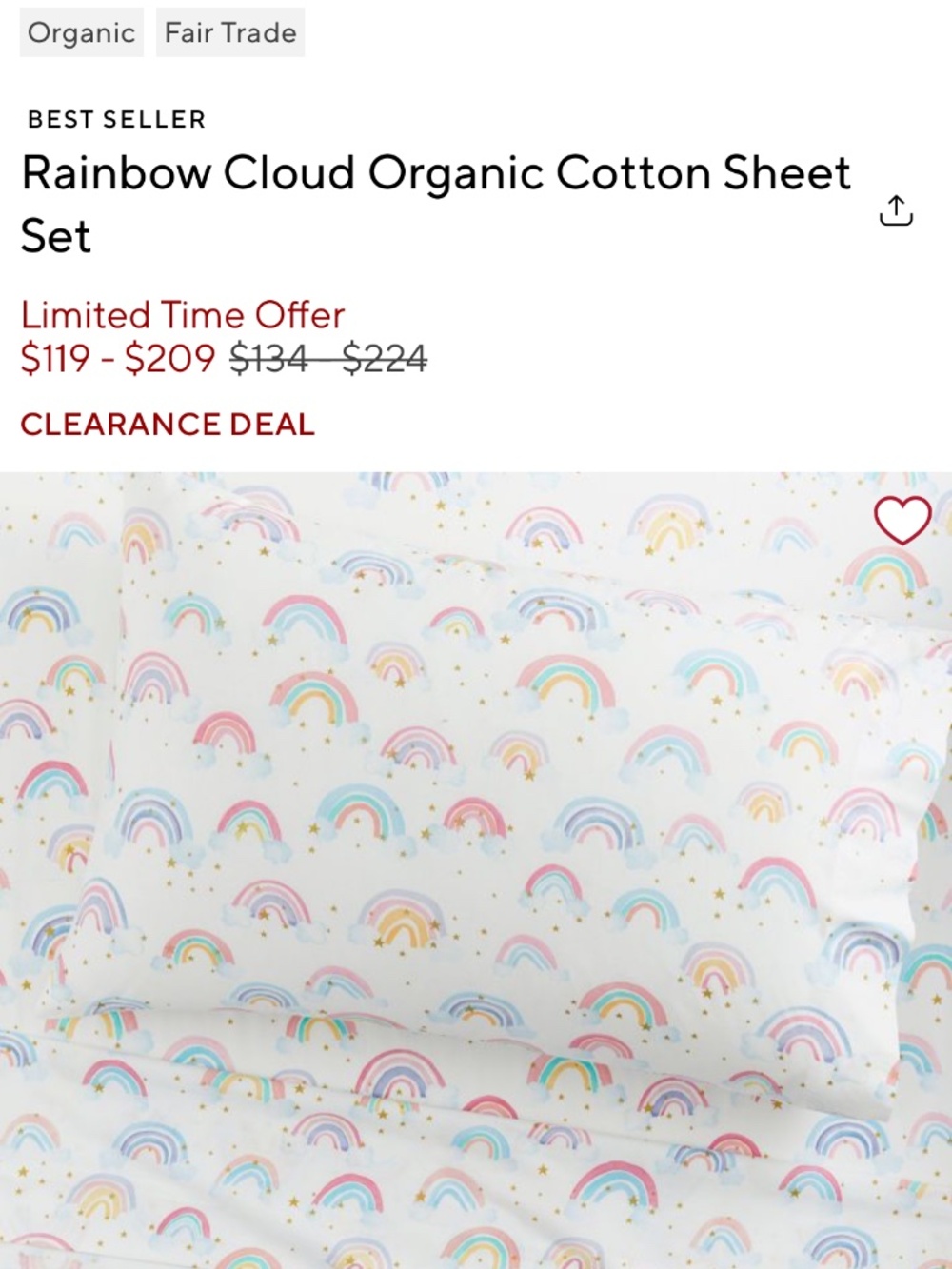 Pottery Barn Kids Organic Rainbow Cloud Twin Flat Sheet - White/Pastel/Gold